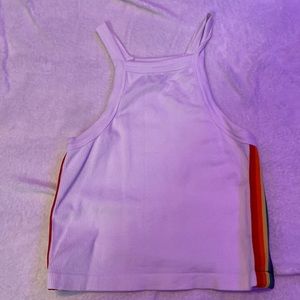 too small! White cropped tank with rainbows down the side.